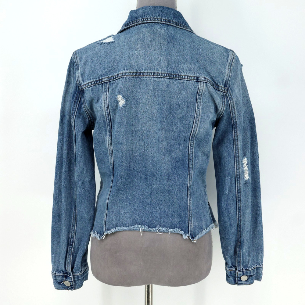 Blank NYC Jean Jacket Womens XS Blue Cotton Denim Raw Hem Distressed FLAW - Picture 2 of 16